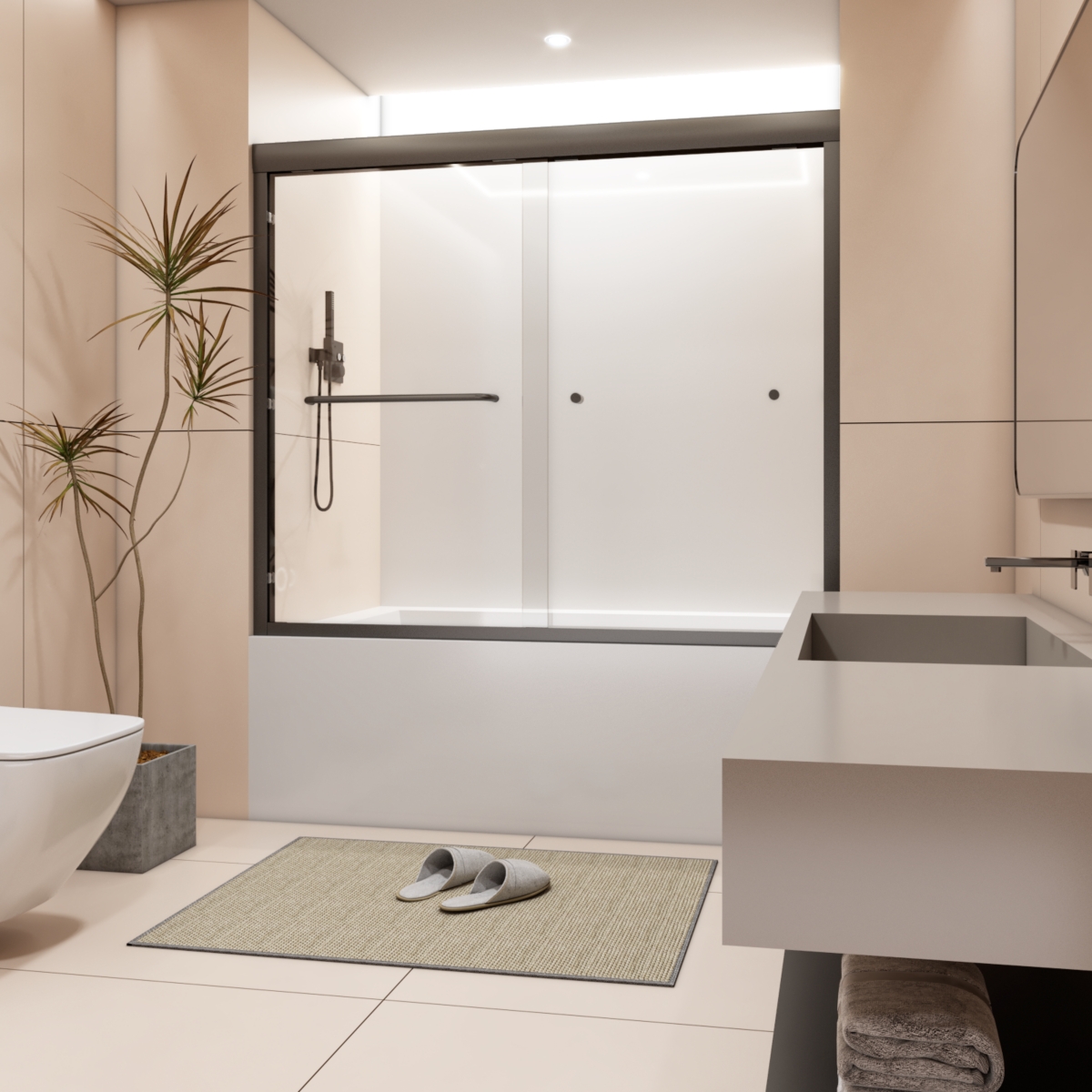 56"-60"W Semi-Frameless Double Sliding Tub Door, 1/4" Tempered Glass - Black