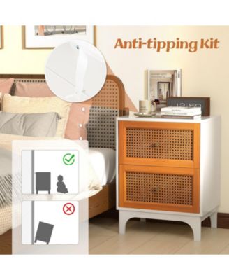 Boho Accent Table Nightstand with 2 Handwoven Rattan Decorated Drawers-White
