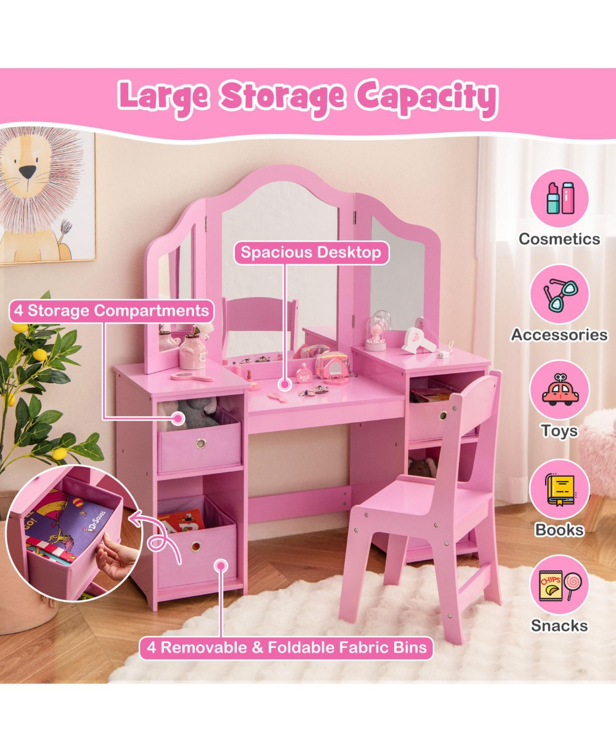 Slickblue Kids Vanity Table and Chair Set with Removable Mirrors and 4 Storage Bins
