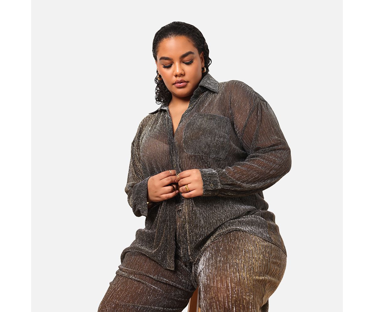 Women's Plus Size Fabian Sheer Metallic Plisse Button Up Top - Black