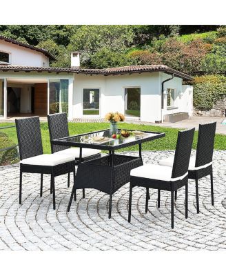 5 Pieces Rattan Dining Set with Glass Table and High Back Chair