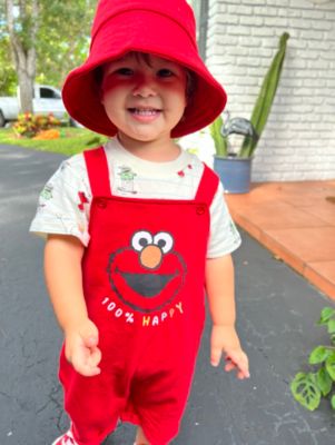 Toddler Boys Elmo French Terry Short Overalls T-Shirt and Hat 3 Piece Outfit Set Newborn to