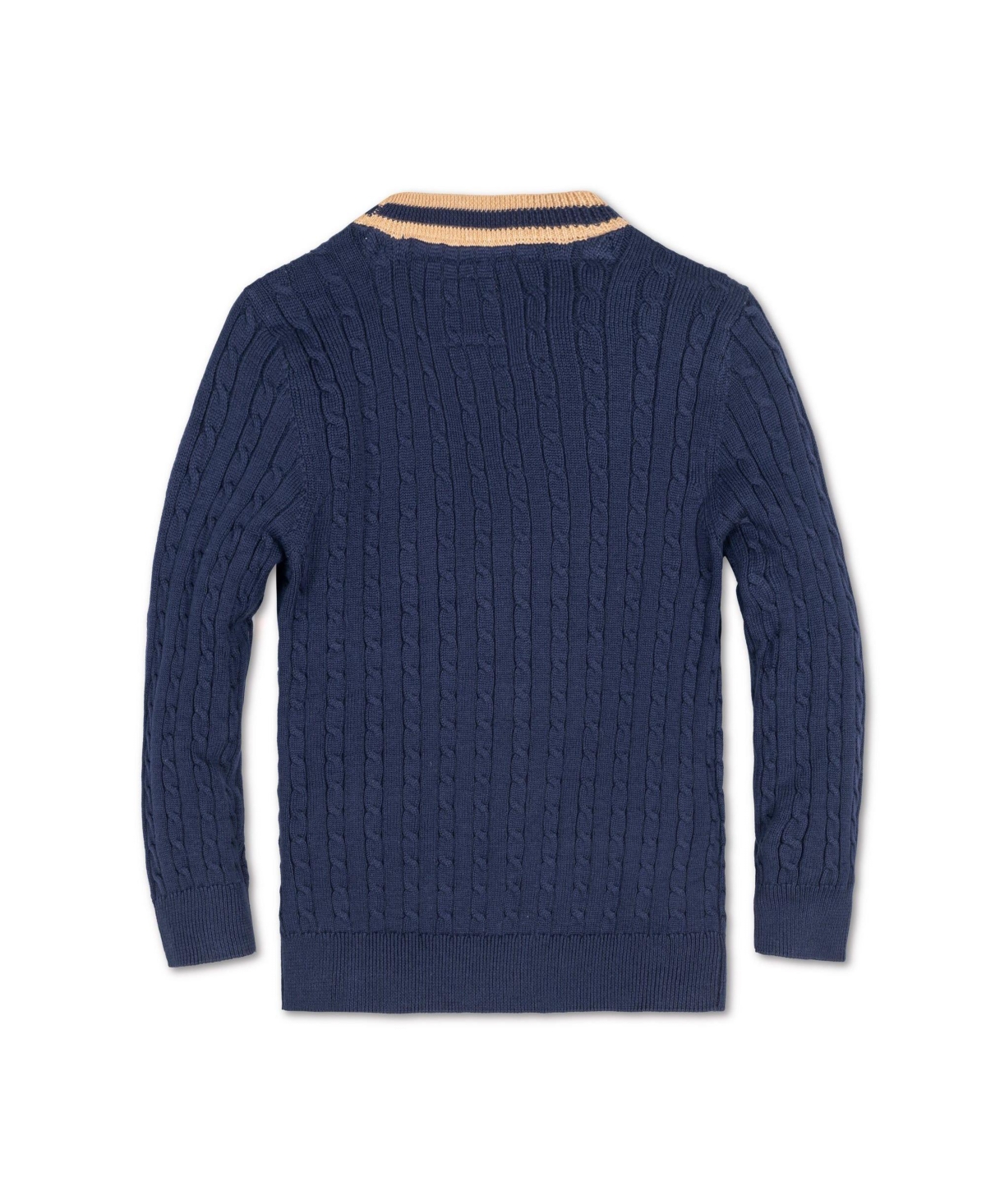 Hope & Henry Boys Organic Long Sleeve Cable Knit Cardigan Sweater with Stripe Trim - Navy cable with camel