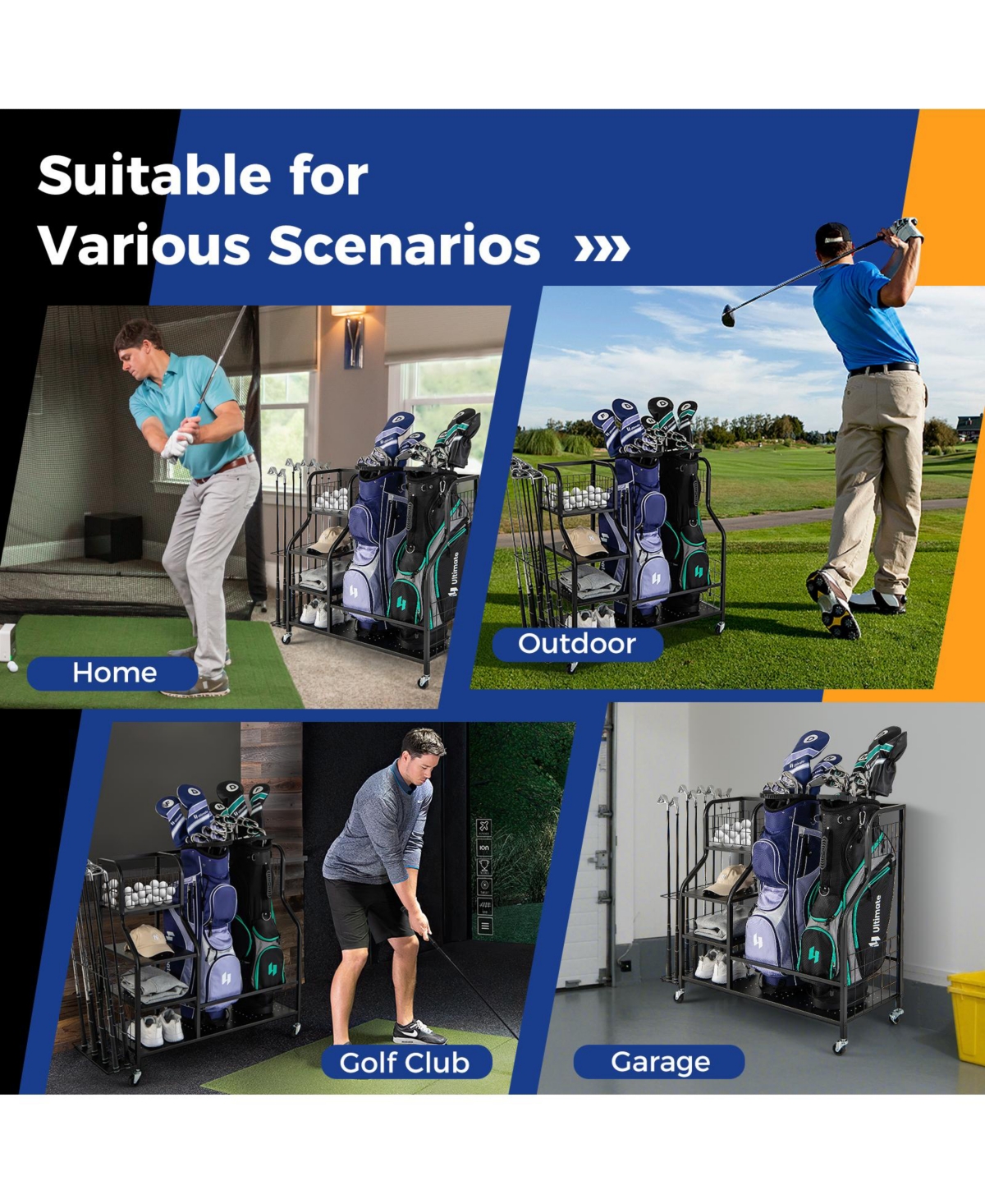 Slickblue Golf Bag Organizer for 2 Golf Bags with Golf Clubs Rack and Lockable Wheels- Black