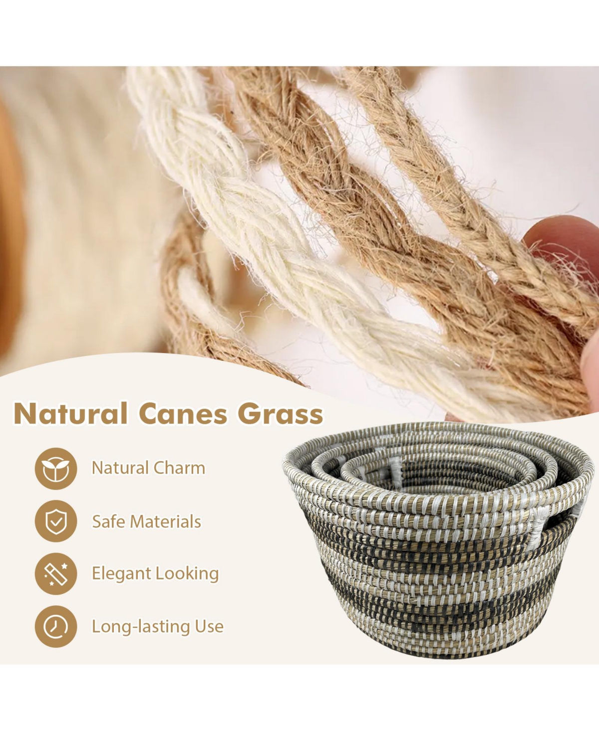 Slickblue Natural Canes Grass Baskets Stackable Storage Bins Set of 3 with Hollowed Handles - Black