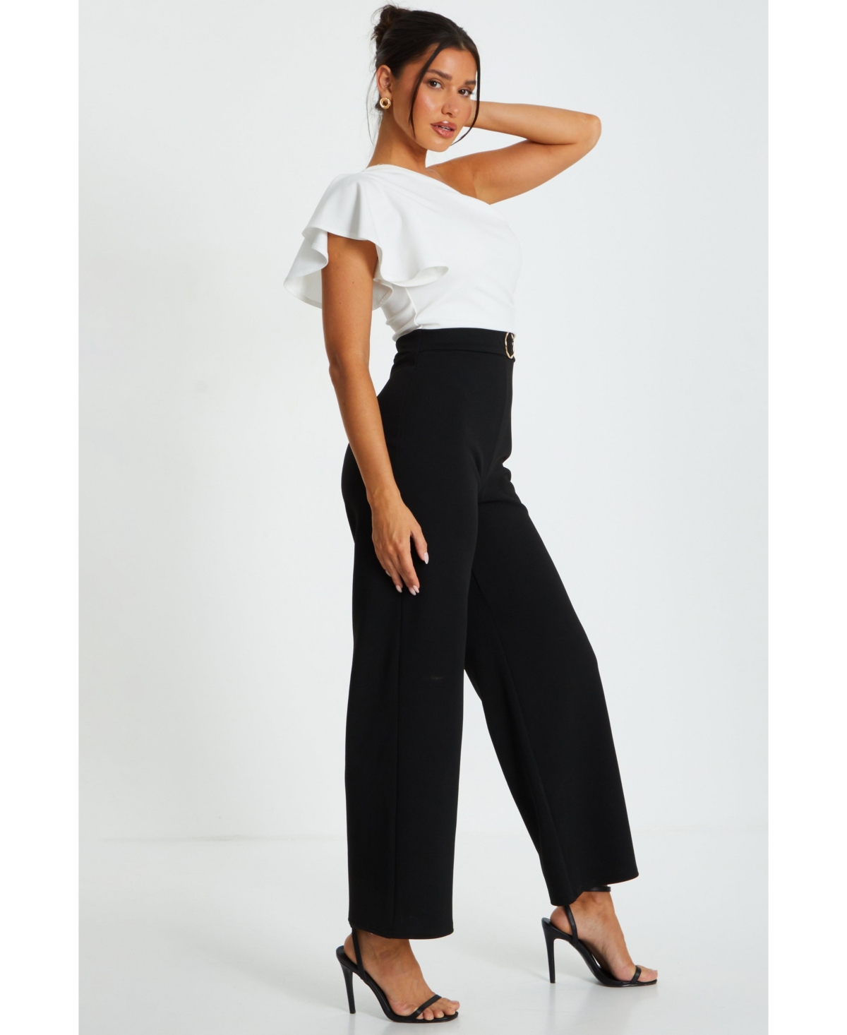 Quiz Women's& White Scuba Crepe One Shoulder Jumpsuit - Black