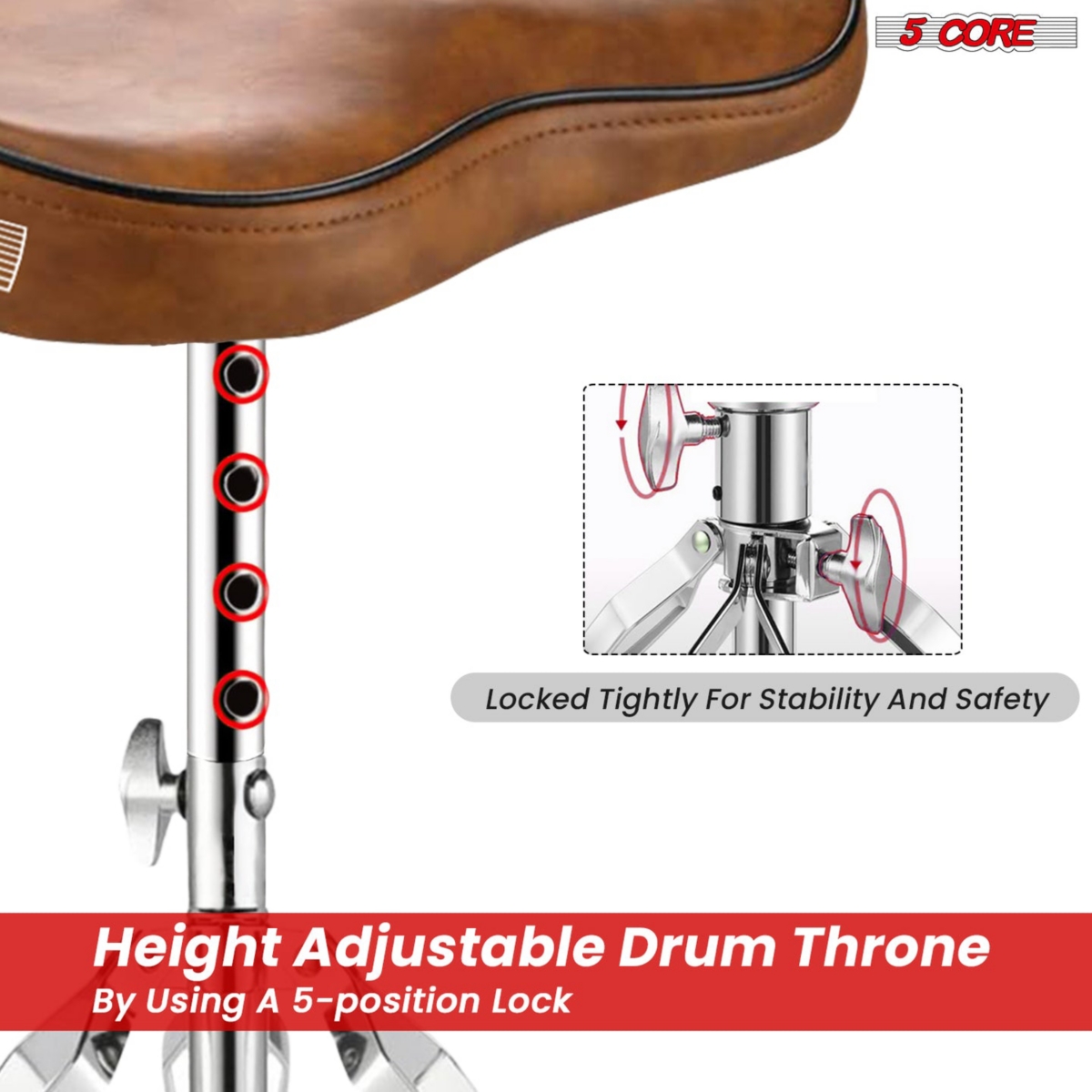 5 Core Drum Throne Padded Guitar Stool Height Adjustable Ergonomic Music Chair For Adults And Kids w Anti Slip Rubber Feet - Ds Ch Br Sdl