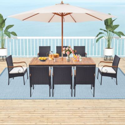 9 PCS Patio Rattan Dining Set with Acacia Wood Table, Cushions, 1.9" Umbrella Hole