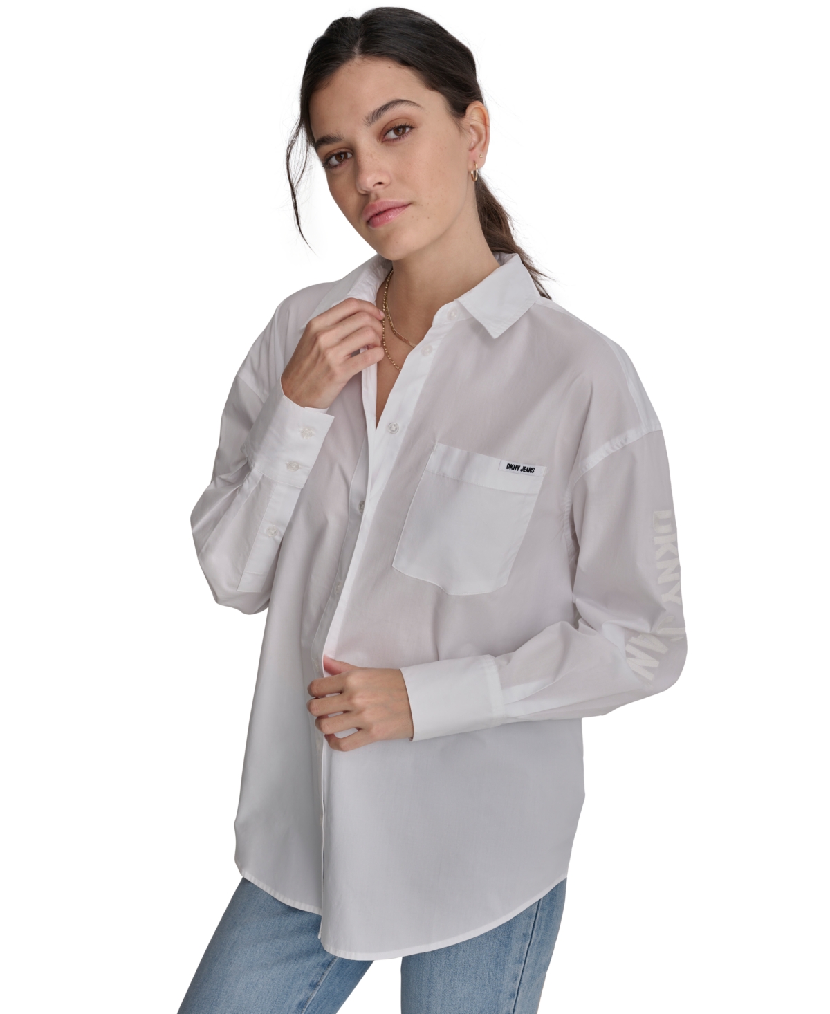 Dkny Jeans Women's Cotton Embroidered-Logo Shirt -WHT