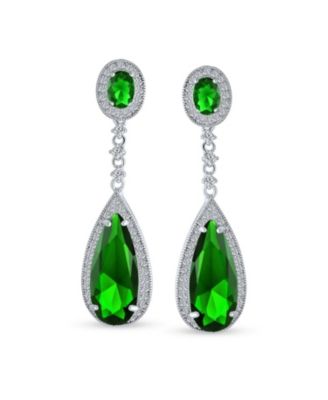Classic Art Deco Style Halo Linear Long CZ Statement Dangle Teardrop Chandelier Earrings Silver Plated