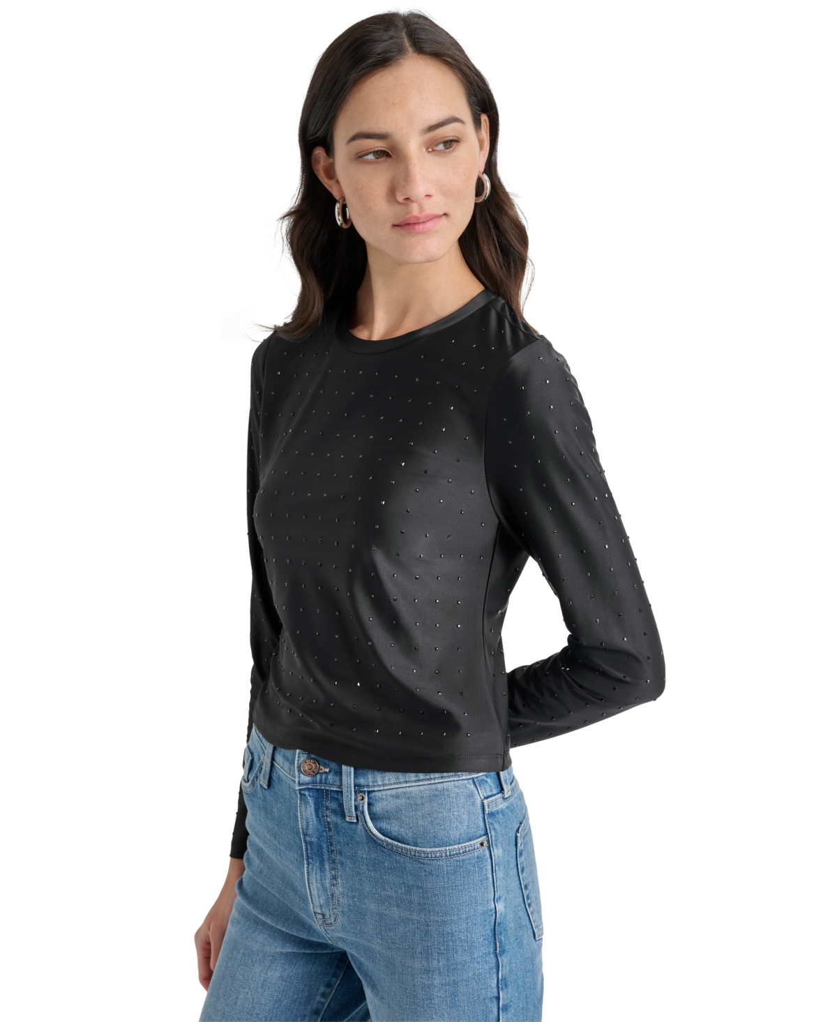 Dkny Jeans Women's Studded Crewneck Long-Sleeve Top - Blk - Black