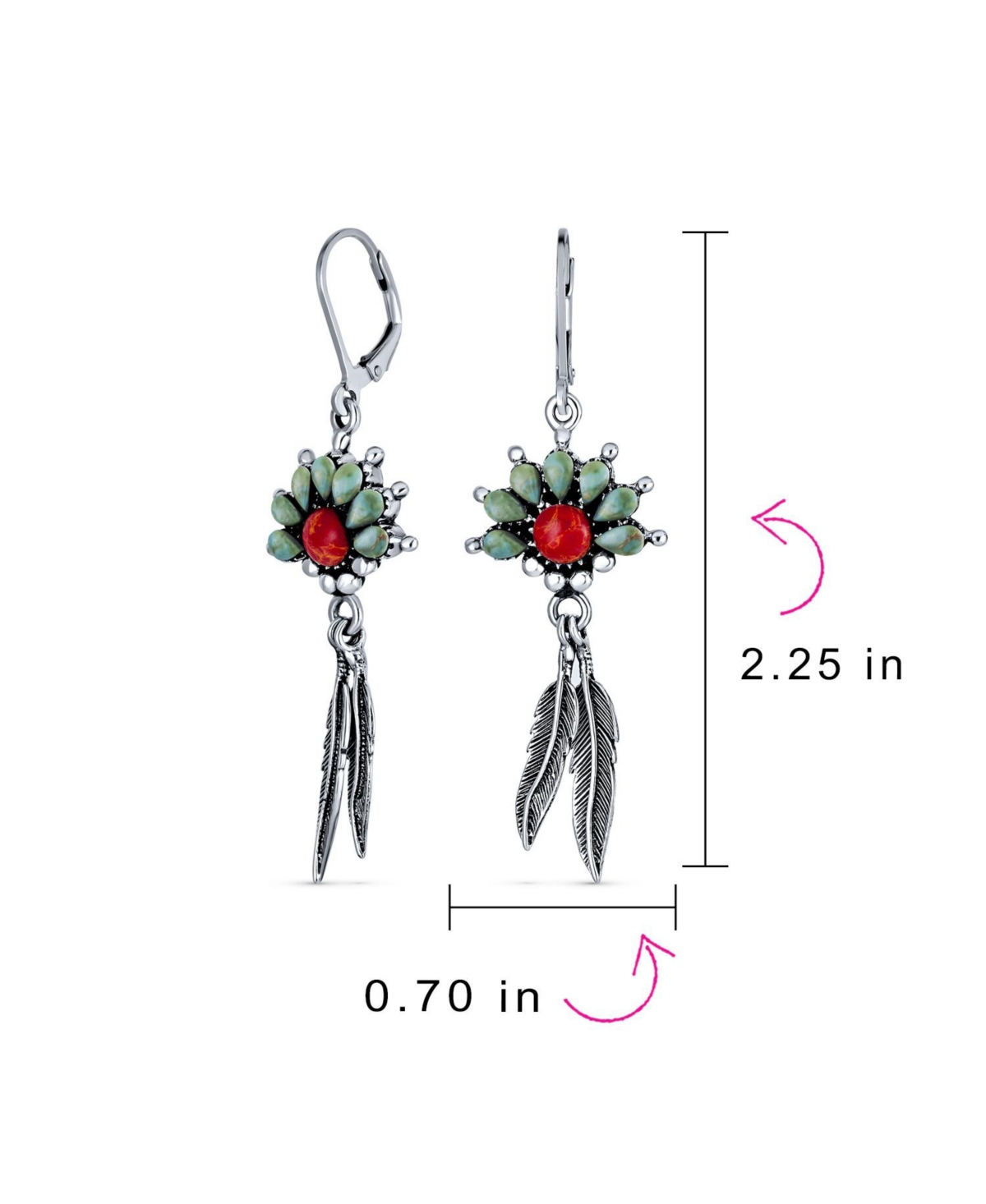 Bling Jewelry South West Native American Style Squash Blossom Natural Turquoise Coral Feather Lever Back Dangle Earrings For Women Sterling Silver - M