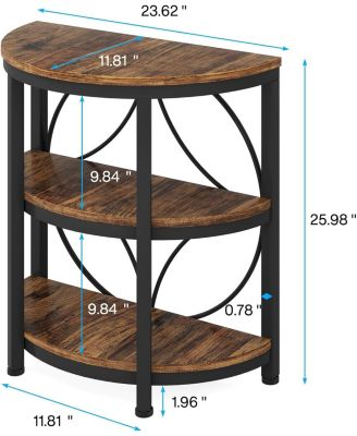 Half Round End Table, 3-Tier Narrow Side Table with Metal Frame, Half Circle Table, Half Moon Small Coffee Accent Table Bedside Table for Living Room, Bedroom, Rustic Brown (1PCS)
