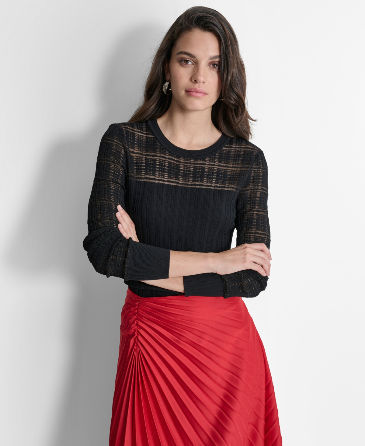 Dkny Women's Round-Neck Plaid-Trim Long-Sleeve Sweater