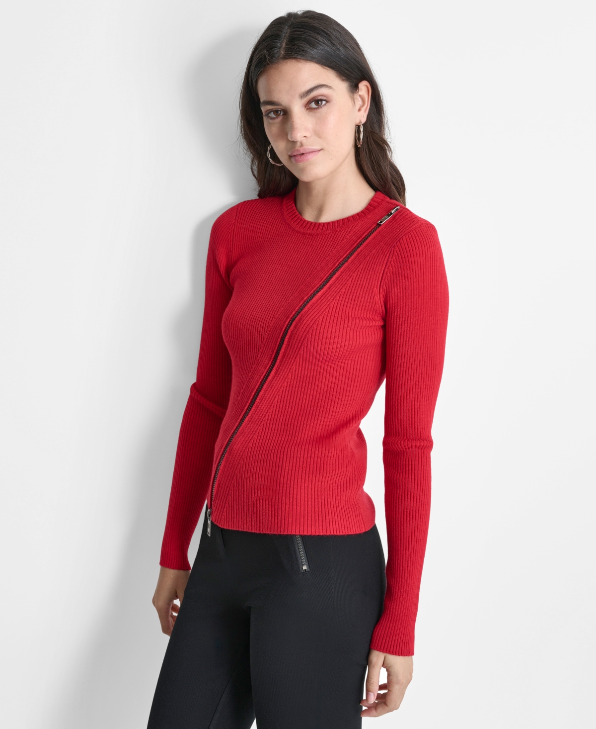 Dkny Women's Ribbed Asymmetrical-Zip Sweater