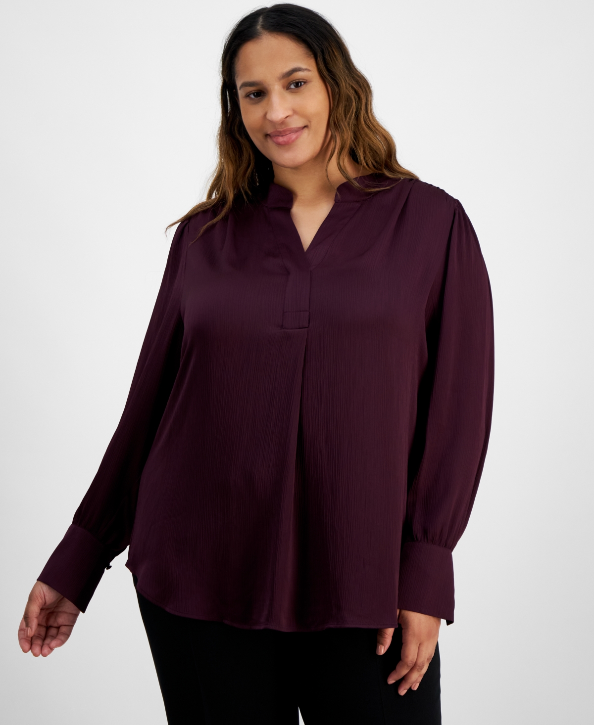 ANNE KLEIN PLUS SIZE PLEAT-FRONT LONG-SLEEVE TOP 