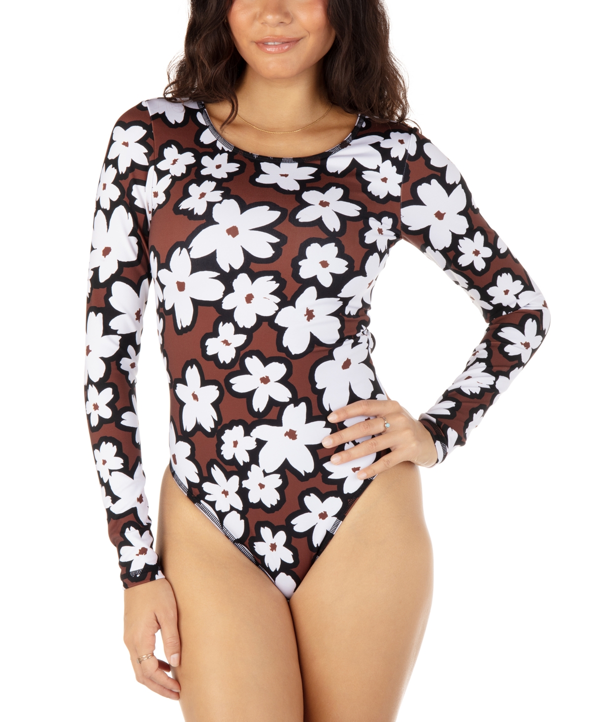 HURLEY WOMEN'S BOLD DAISY PRINTED LONG-SLEEVE ONE-PIECE SWIMSUIT 
