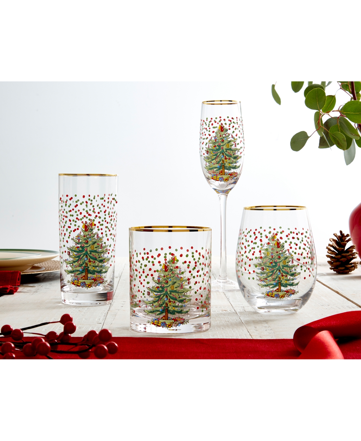 Spode Christmas Tree Polka Dot Highball Glass, Set Of 4 In Green