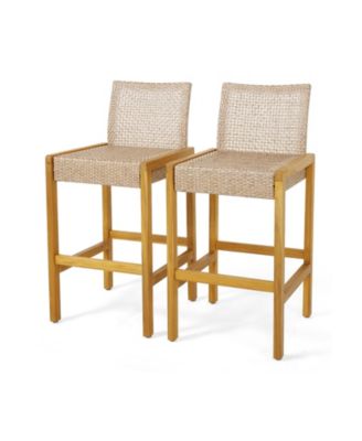 Rattan Patio Wood Barstools Dining Chairs with Backrest-Set of 2