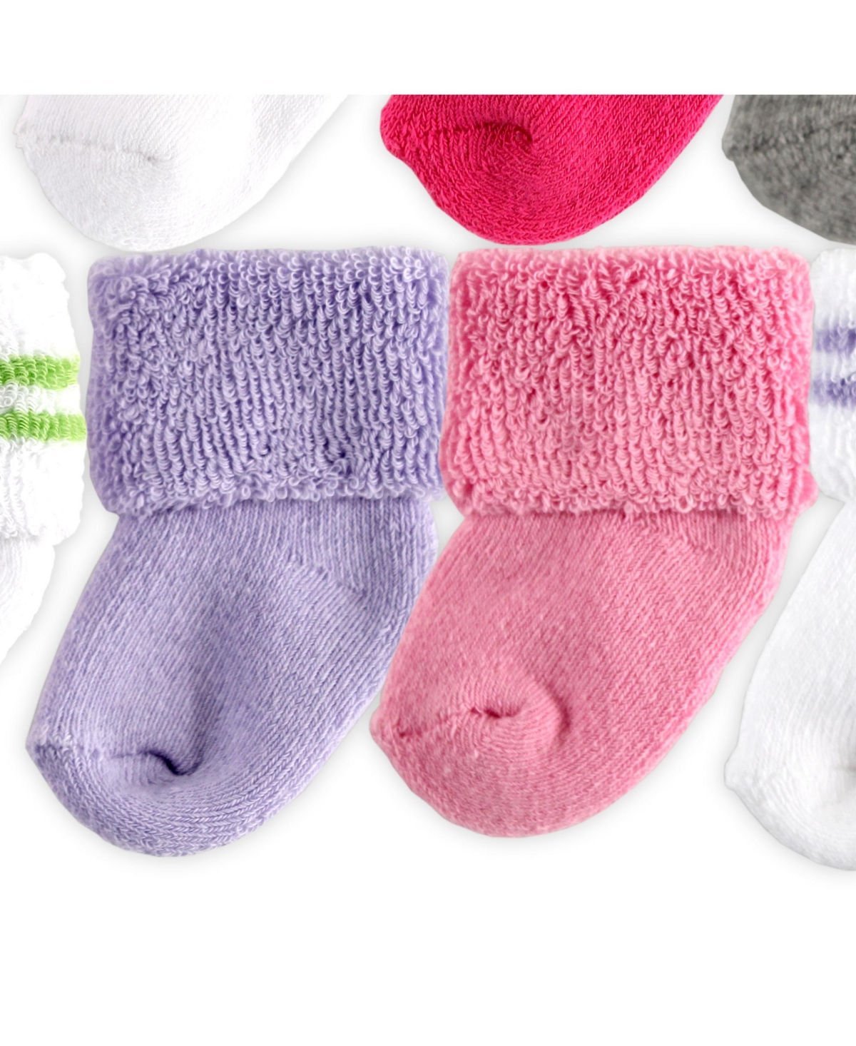 Luvable Friends Baby Girls Grow with Me Cotton Terry Socks,Stripe, 0-6 and 6-12 - Pink