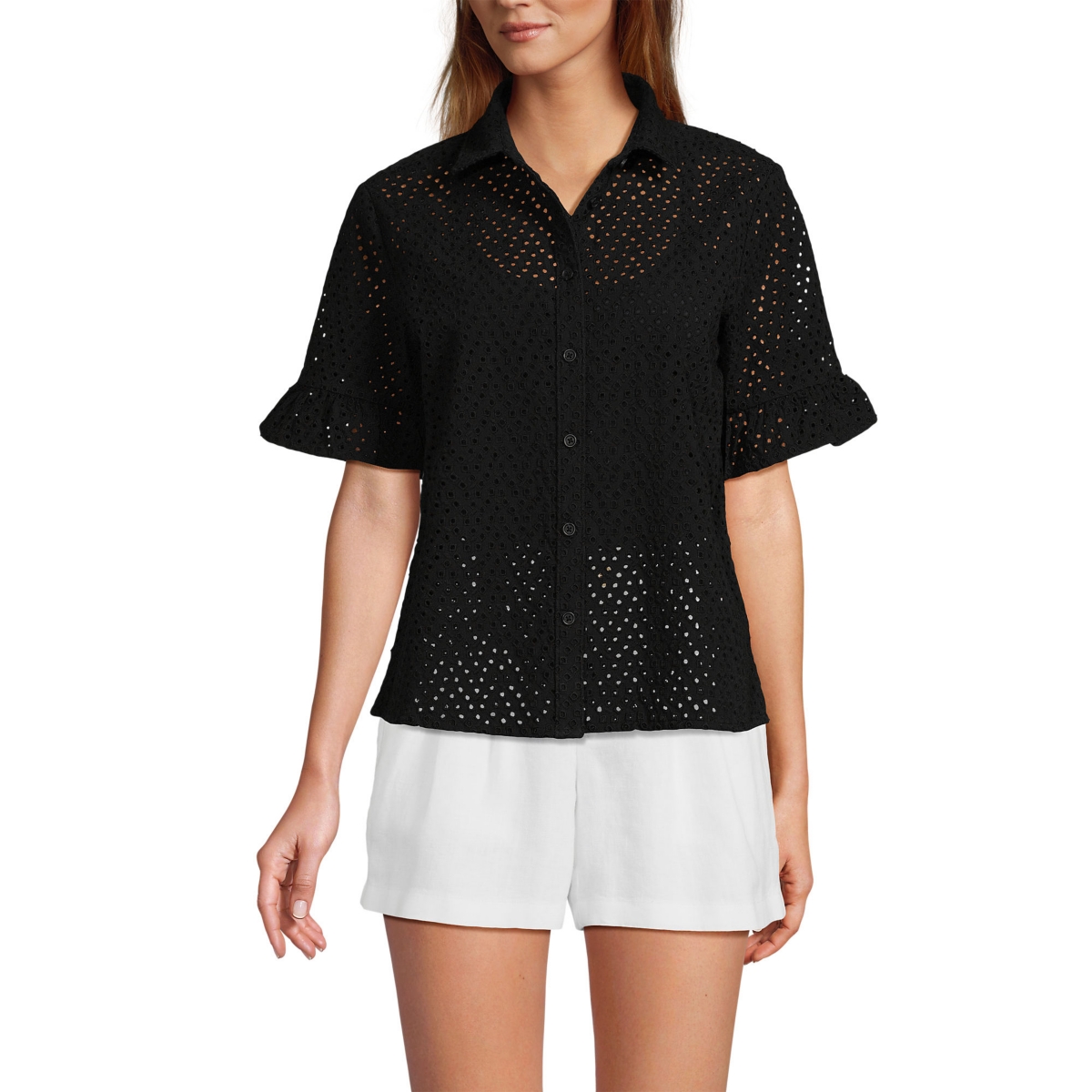 Women's Eyelet Ruffle Sleeve Blouse - Black