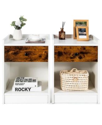 Set of 2 Nightstand with Drawer Cabinet End Side Table Raised Top