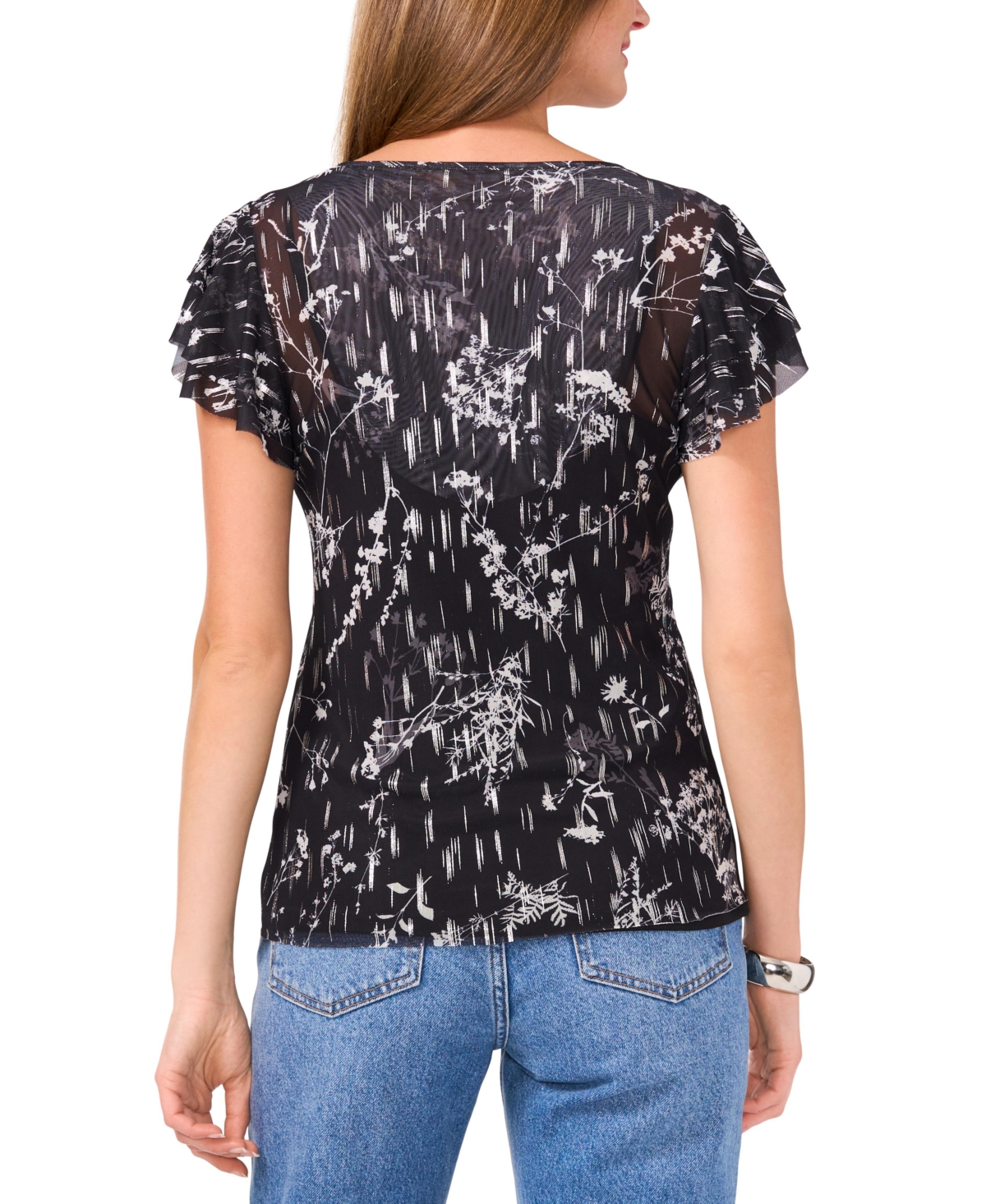 Vince Camuto Women's Printed Ruffle-Sleeve Mesh Top