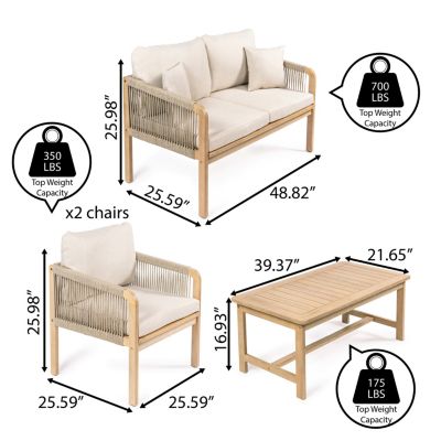 Tavira 4-Piece Modern Bohemian Acacia Wood Outdoor Patio Set with Cushions and Plain Decorative Pillows, Beige/Light Teak