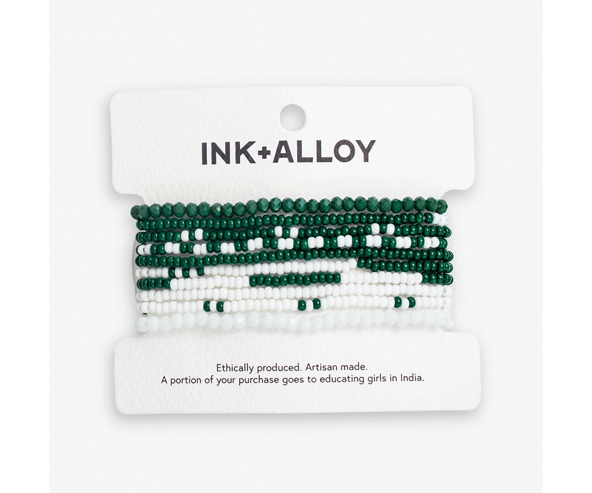 Ink + Alloy Sage 10 Stranded Beaded Stackable Stretch Bracelets - Green  White