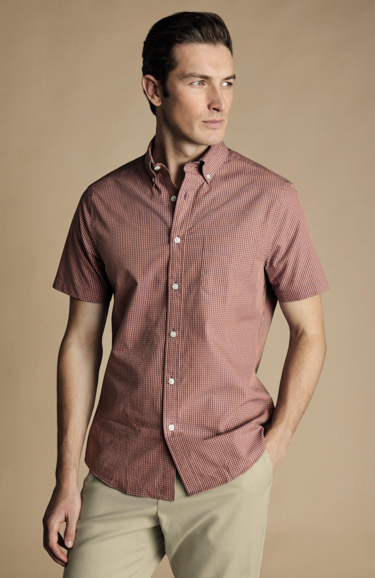 Men's Slim Fit Light Button-Down Collar Non-Iron Stretch Poplin Mini Gingham Short Sleeve Shirt - Light coral pink