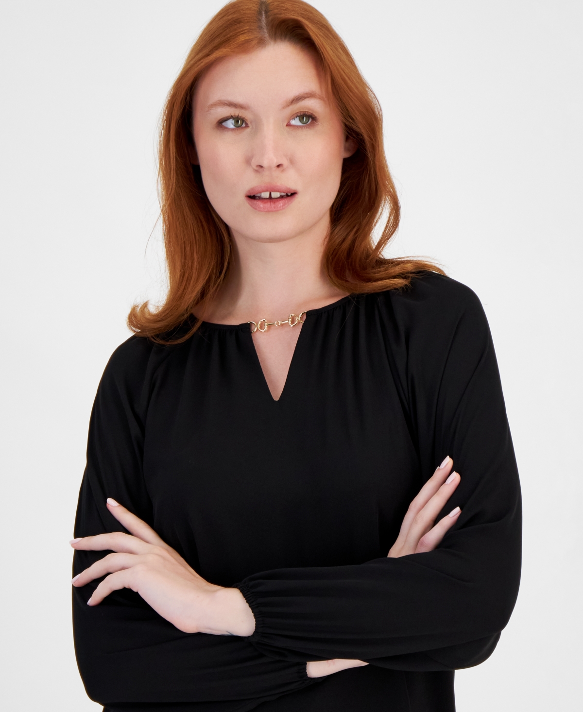 T Tahari Women's Solid-Color Chain Split-Neck Blouse