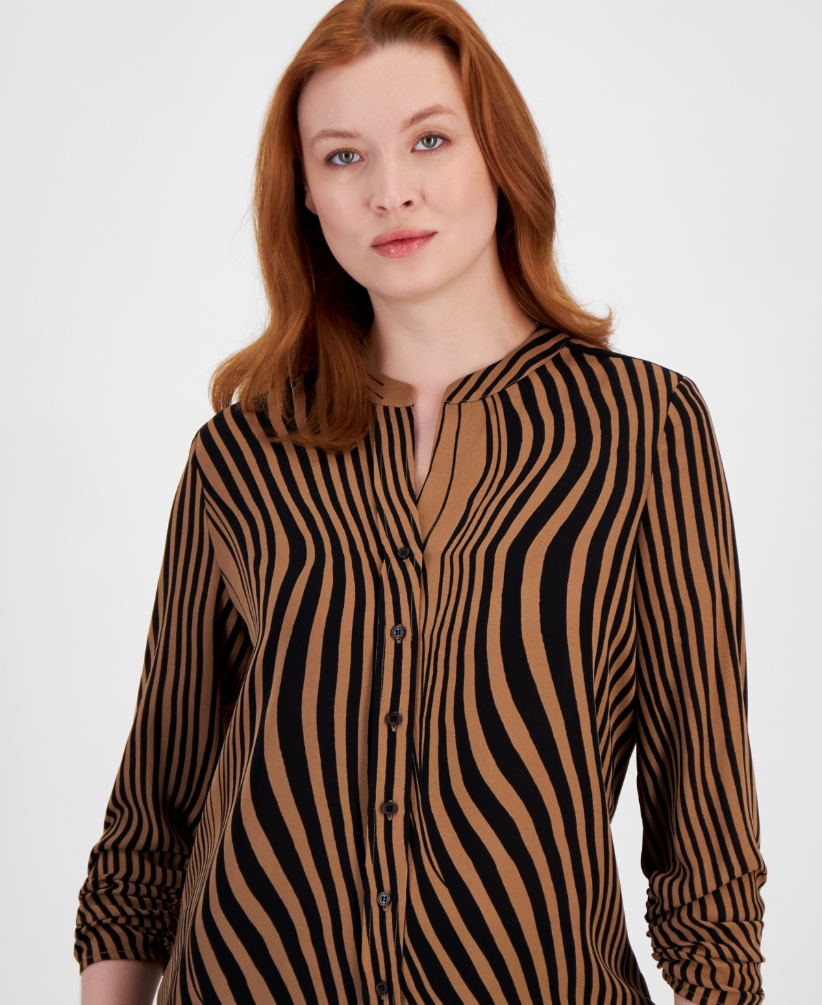 T Tahari Women's Mixed-Stripe Mandarin Collar Blouse