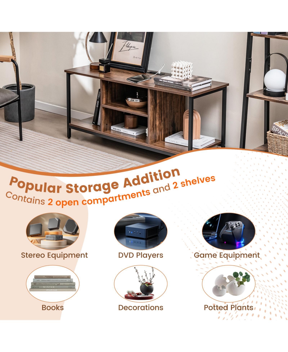 Sugift Tv Stand Entertainment Center with Open Storage Shelves and Power Outlets to Inches