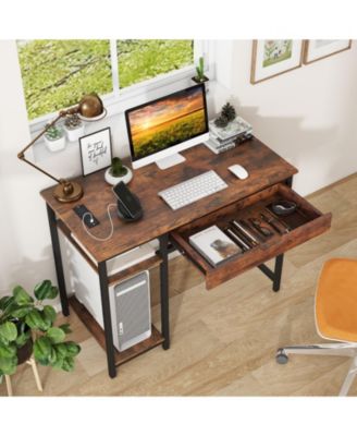Computer Desk with Charging Station and Drawer & Adjustable Shelf