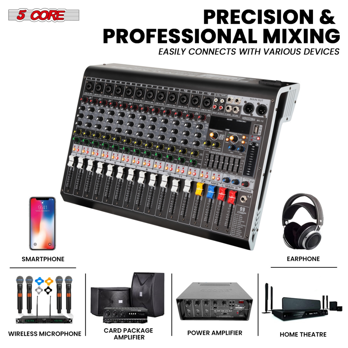 5 Core Audio Dj Mixer 12 Channel Sound Board Shape w Bluetooth Usb 99 Dsp Effects 48V Phantom Power - Mx 12CH