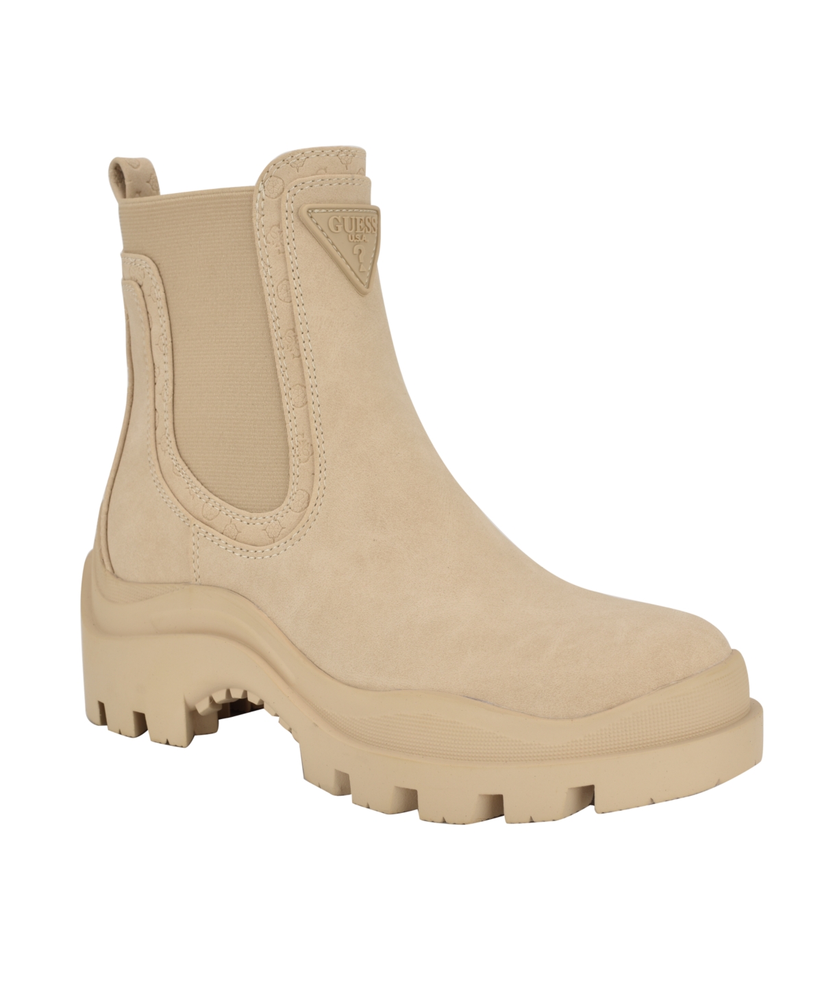 Guess Women's Yesses Triple Triangle Lug Sole Gore Chelsea Boots -Oat Logo