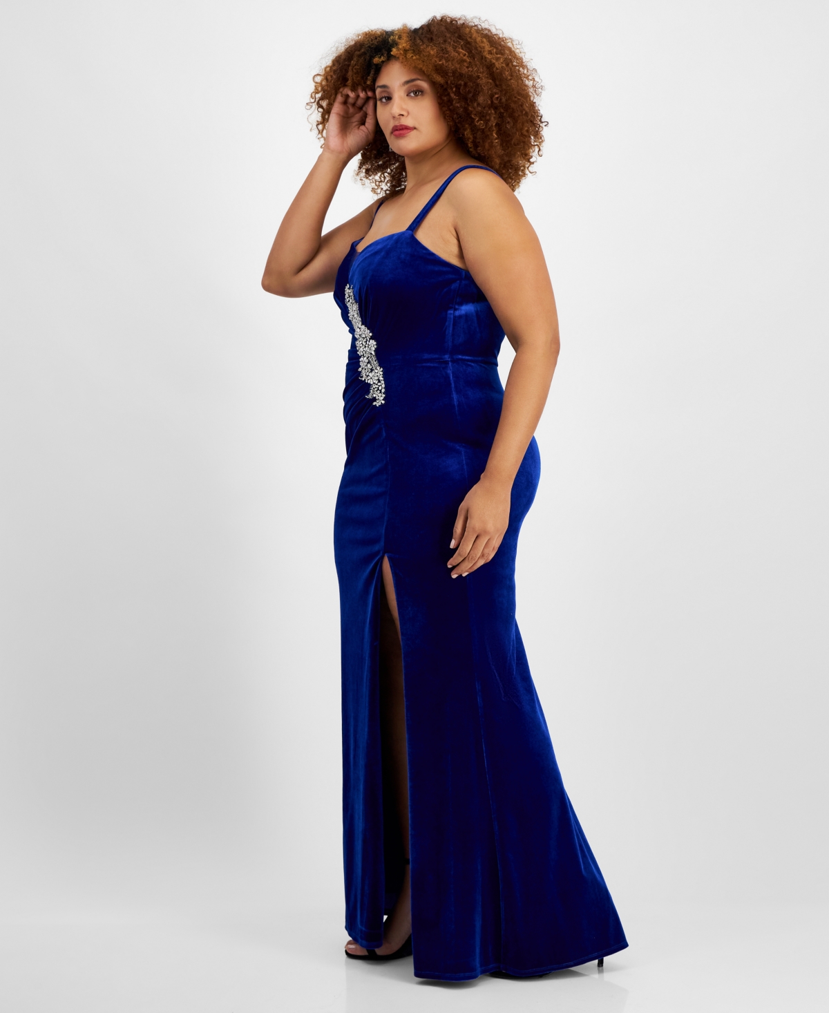City Studios Trendy Plus Size Velvet Embellished Ruched Gown