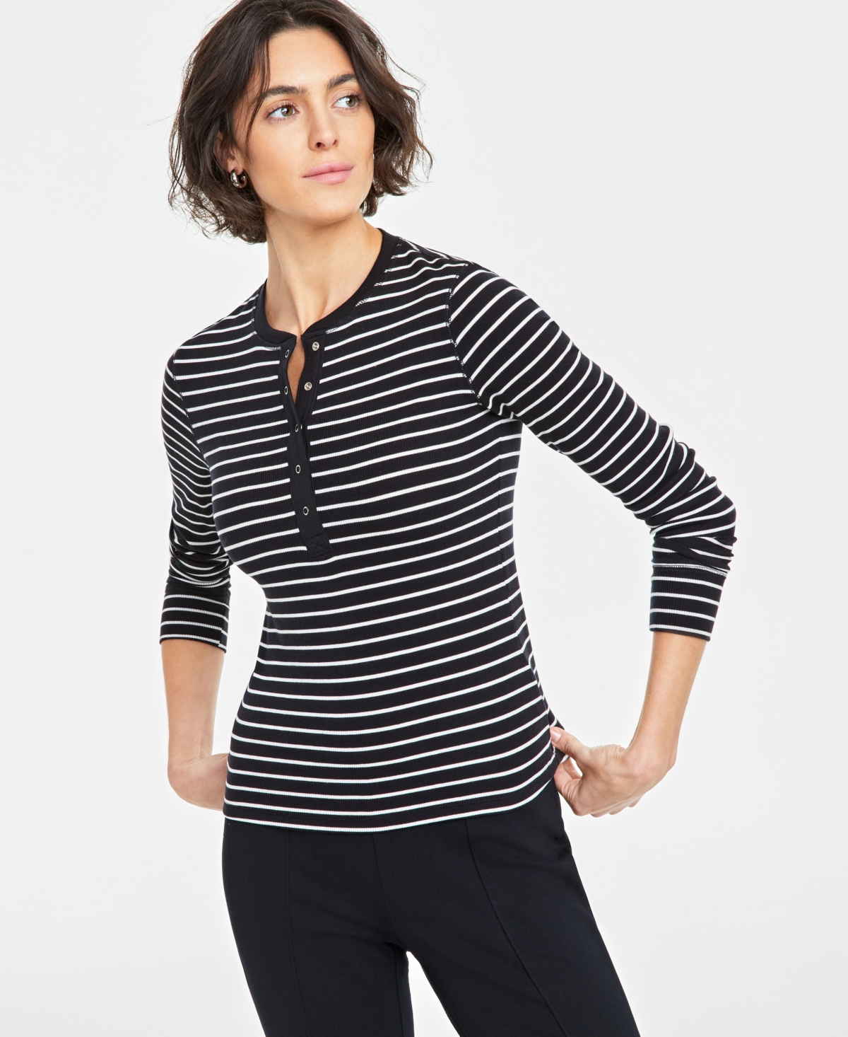 On 34th Women's Ribbed Long-sleeve Henley Top, Created For Macy's In Deep Black Cmb