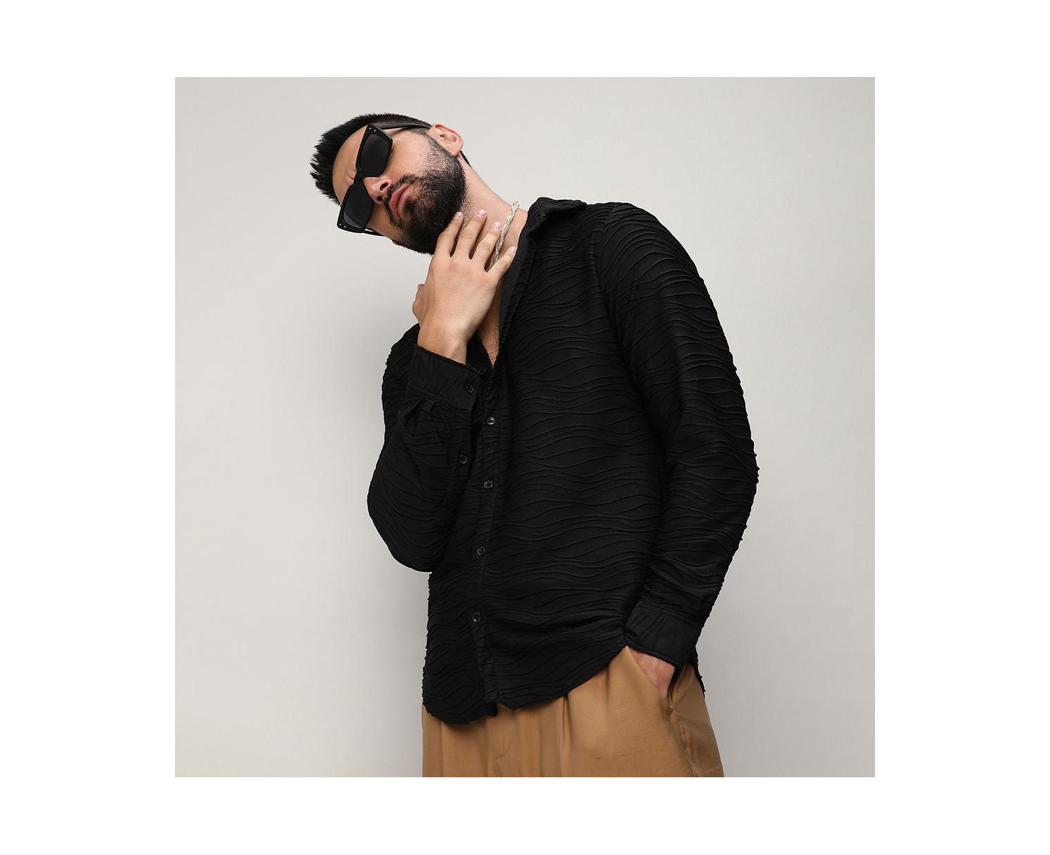 Men's Midnight Black Self-Design Wave Shirt