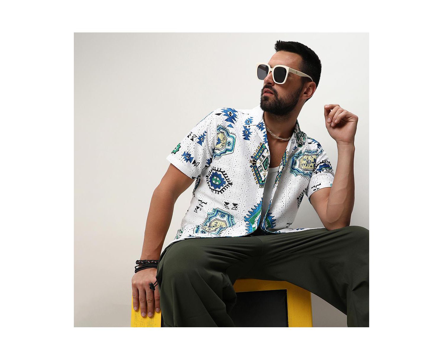 Men's Chalk White Mesh Aztec Shirt