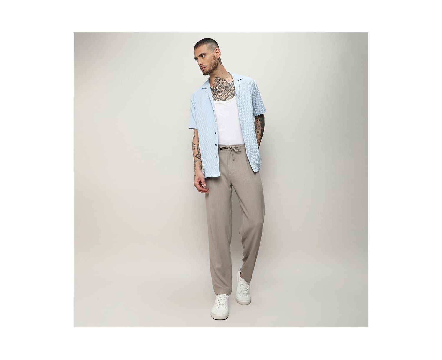 Men's Light Blue Self-Design Block Shirt