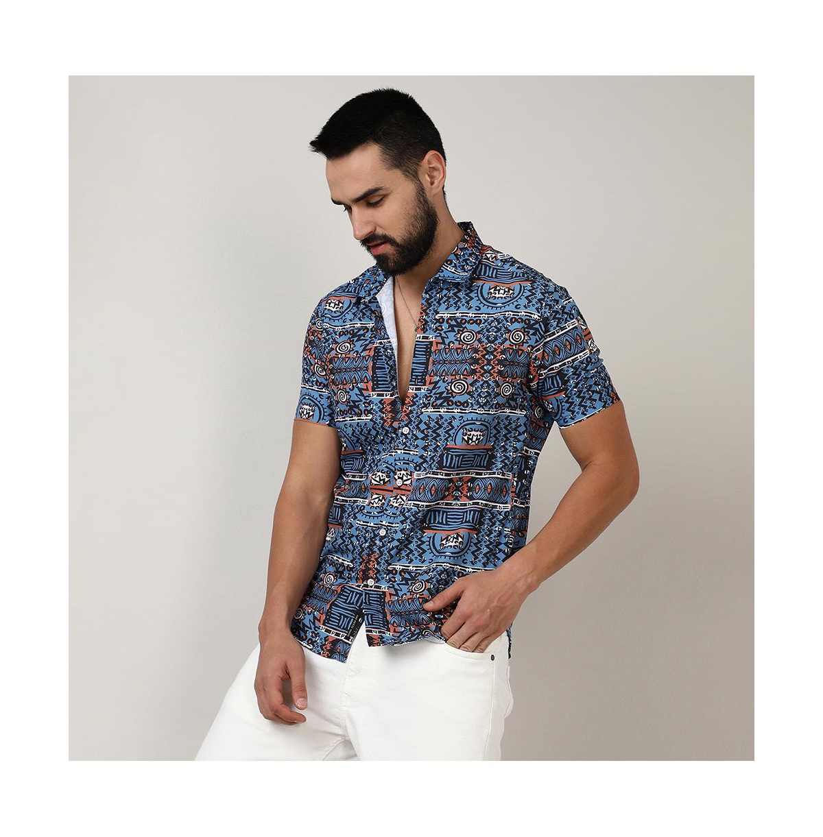 Campus Sutra Men's IcyArtistic Bohemian Shirt - Blue