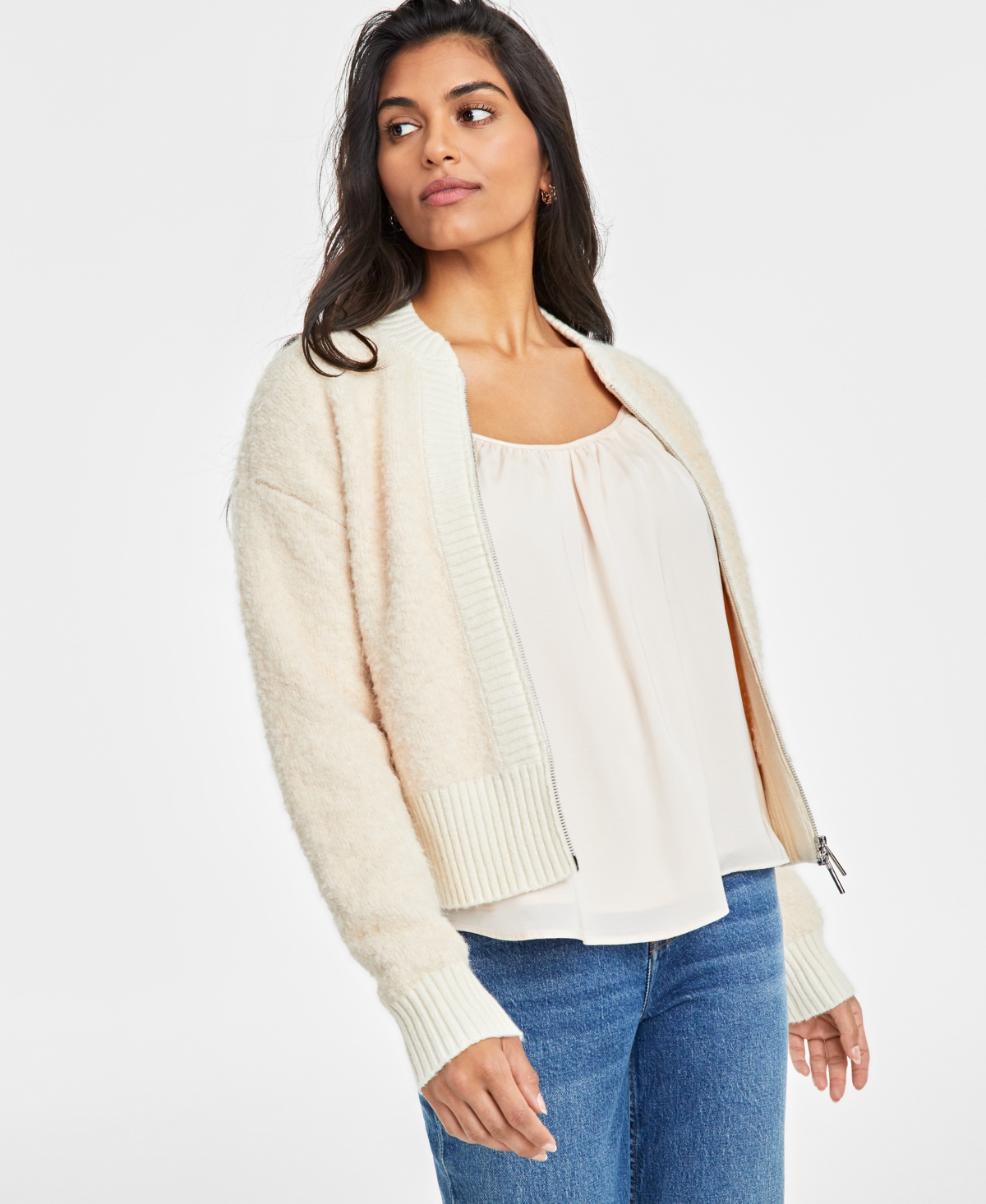 ON 34TH WOMEN'S BOUCLE COZY BOMBER JACKET, CREATED FOR MACY'S 