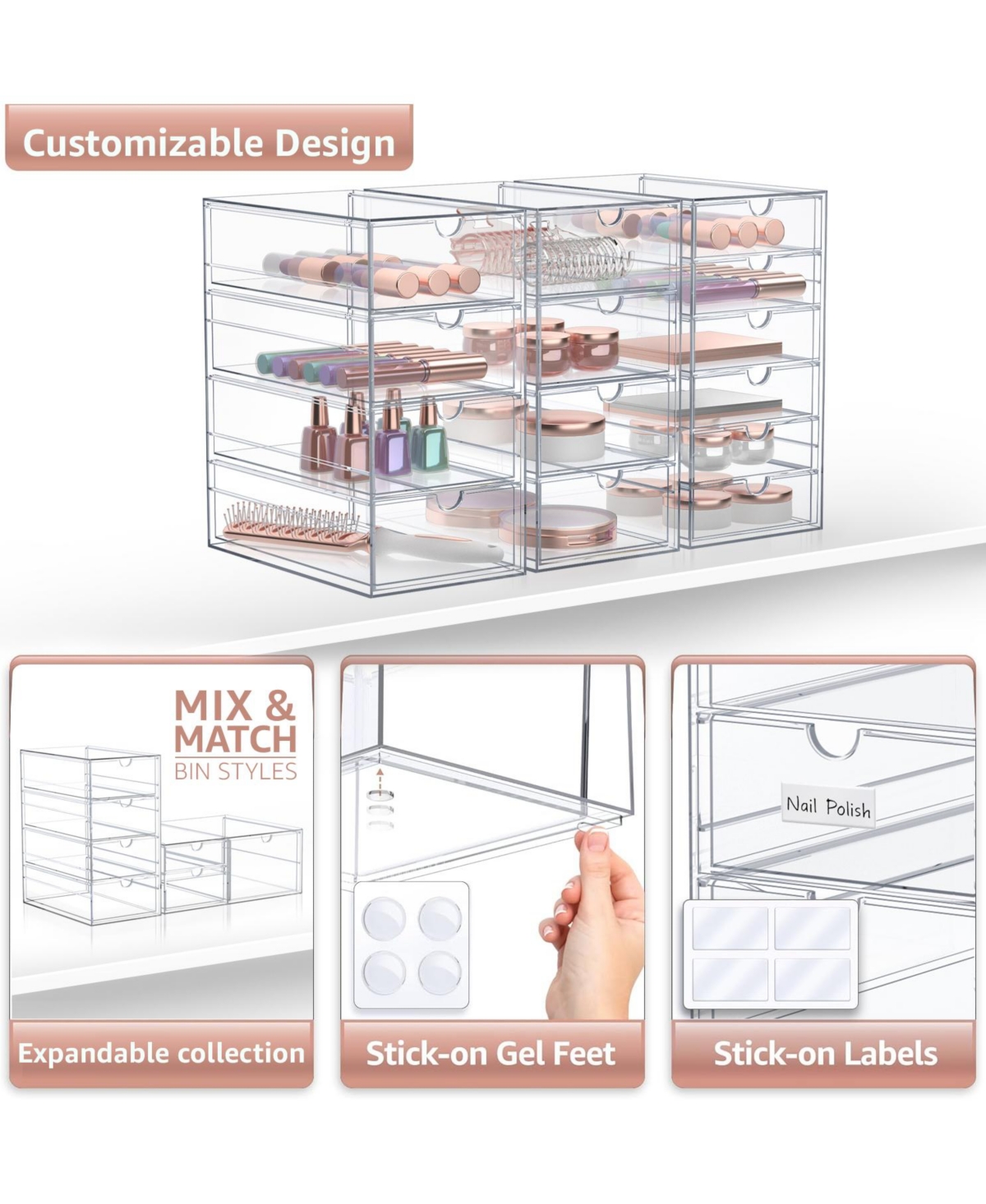Sorbus 14 Drawers Acrylic Organizer for Makeup, Organization and Storage, Art Supplies, Jewelry, Stationary - 3 PcsStackable Storage Drawers