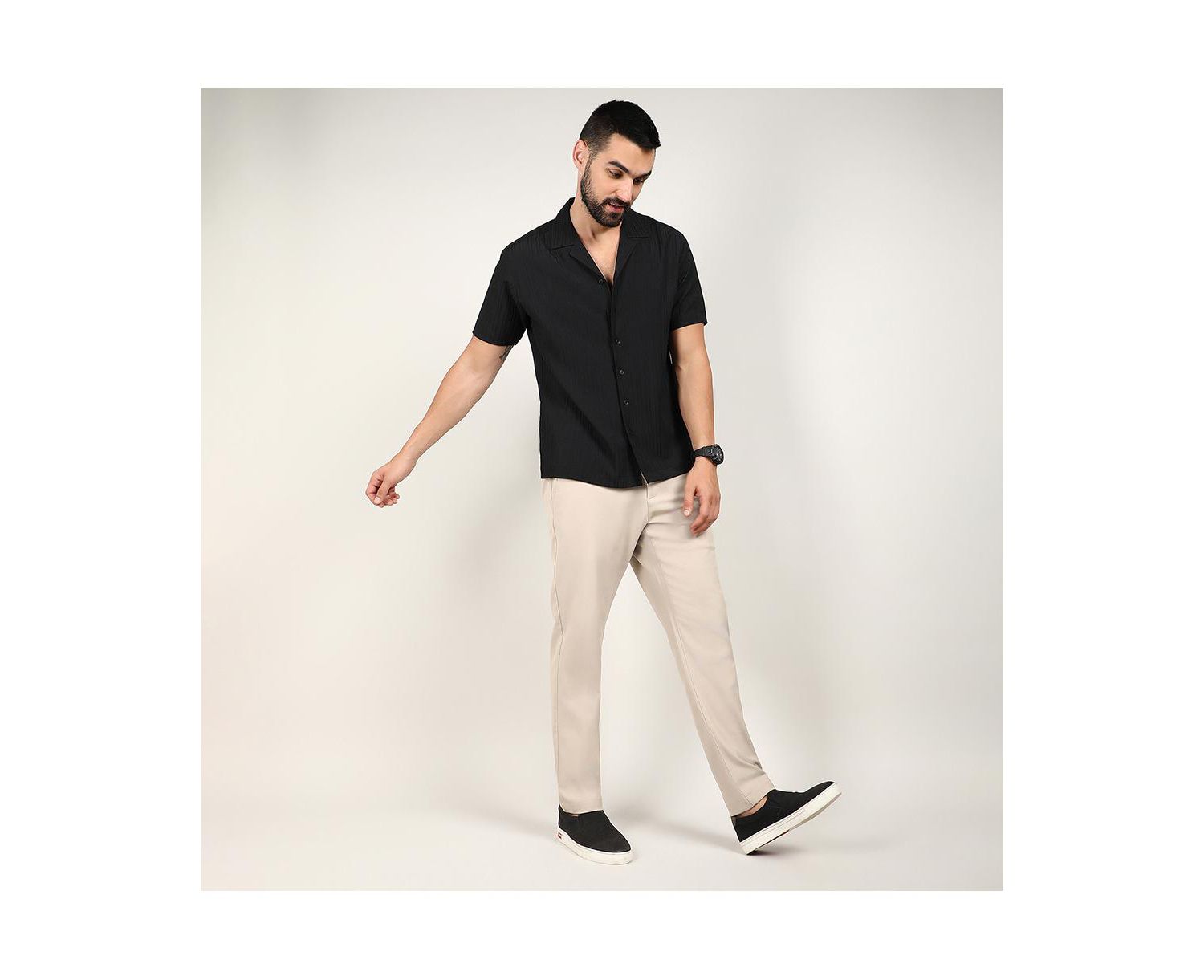 Men's Charcoal Black Self-Design Striped Shirt