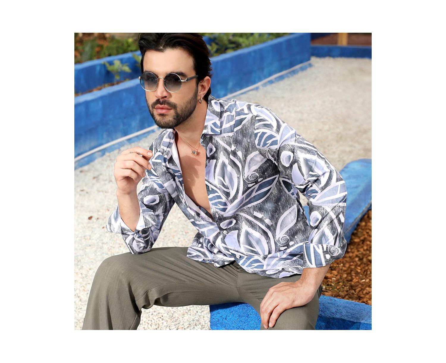 Men's Charcoal Grey & Prussian Blue Marble Foliage Shirt