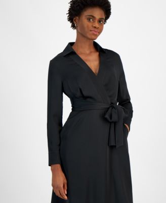 knee length dresses for ladies Hope & Henry Women's Organic Short Sleeve Knit Tie Midi Dress - Black Side-Tie main image 0
