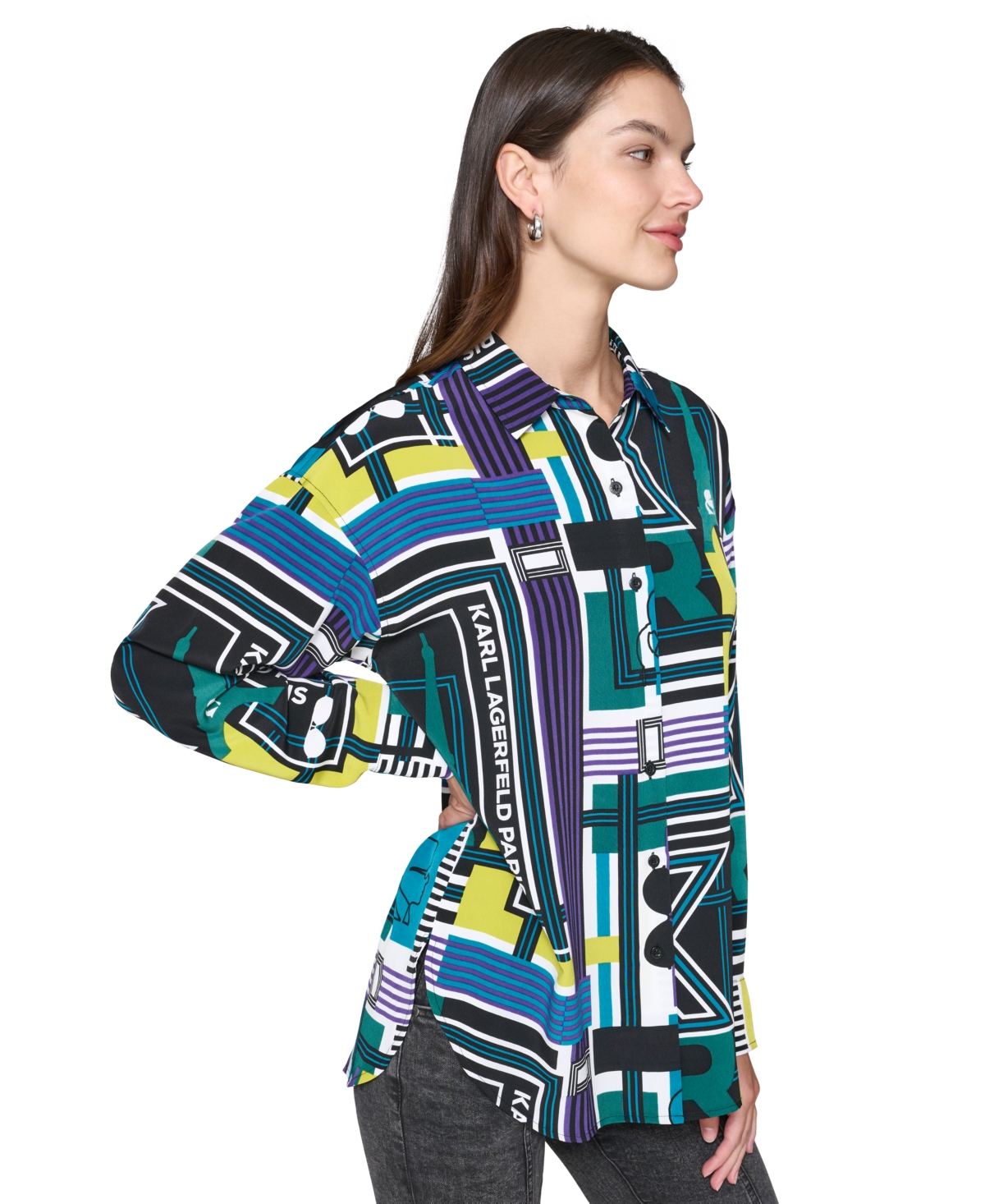 Karl Lagerfeld Paris Women's Oversized Printed Button-Front Top - Soft White  Green