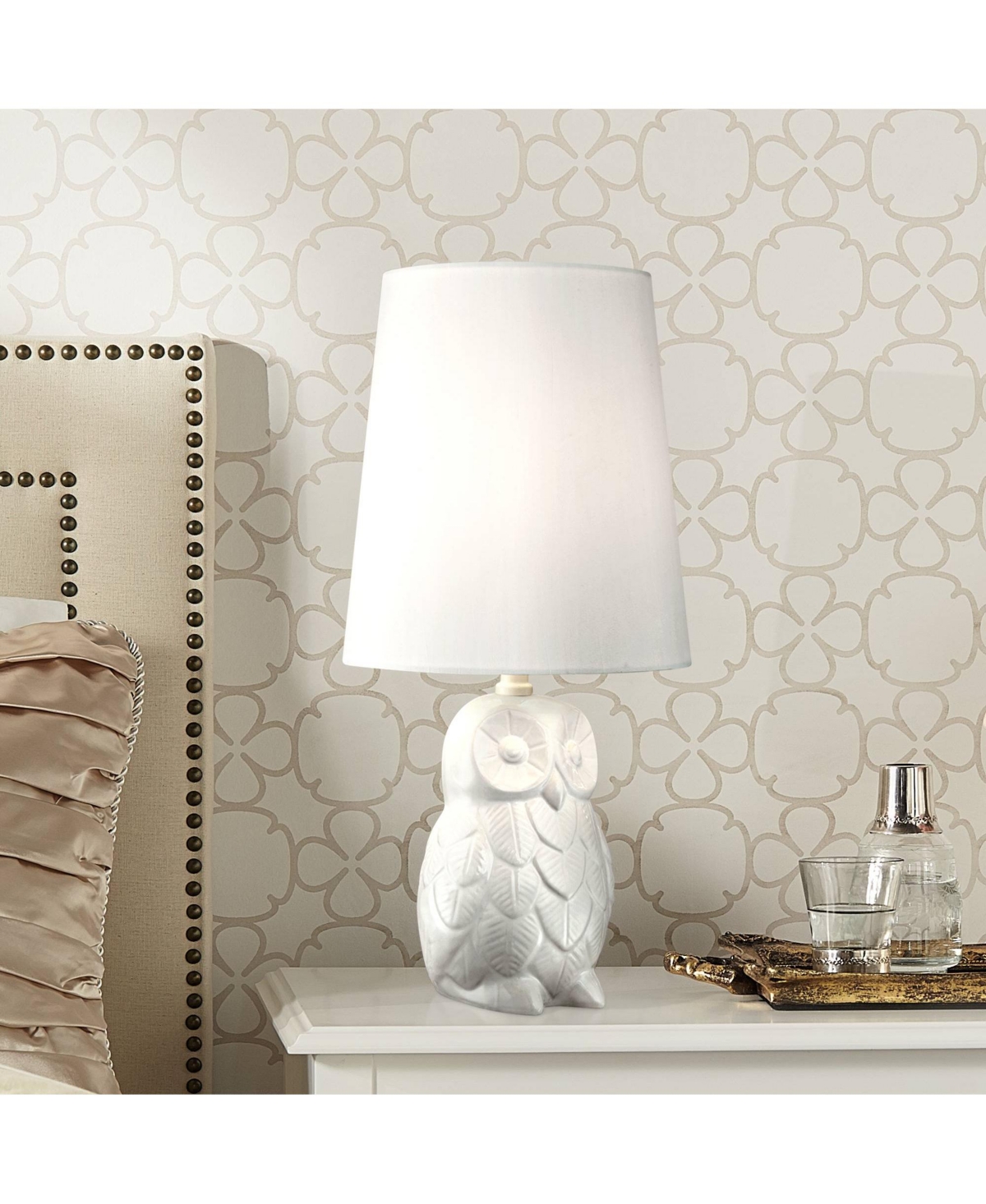360 Lighting Night Owl Country Cottage Accent Table Lamp High SoftCeramic Fabric Tapered Drum Shade for Bedroom House Home Bedside Nightsta
