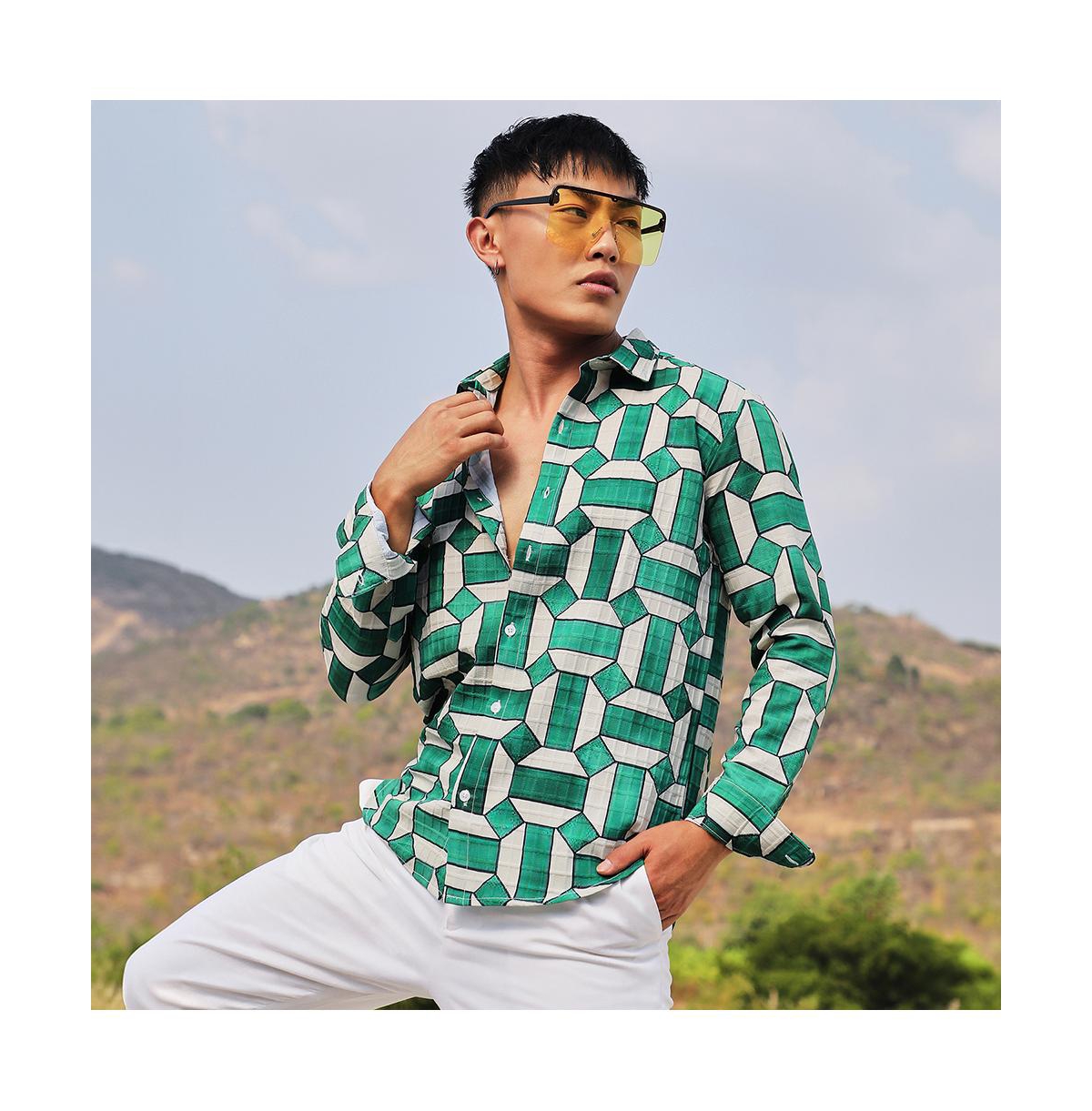 Campus Sutra Men's Emerald Green & IvoryContrast Block Shirt - White